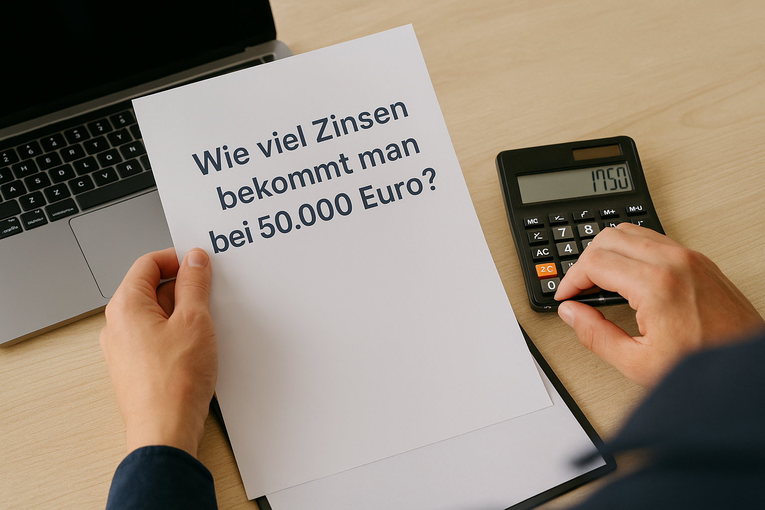 Eine Person berechnet mit einem Taschenrechner und einem Dokument Zinsen für eine 50.000-Euro-Anlage.